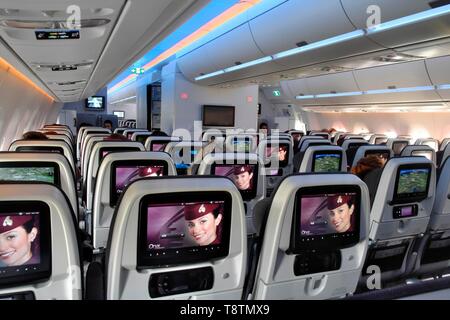 Seats Economy Class, interior view, Airbus A 350 Qatar Airways, Munich, Bavaria, Germany Stock Photo