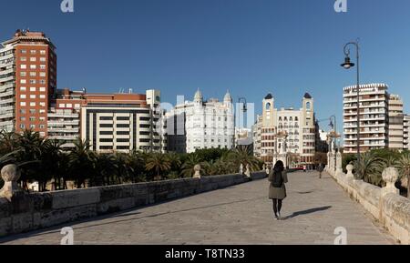 Historical bridge, pedestrian bridge, Puente del Mar, view of Plaza de America, Valencia, Spain Stock Photo