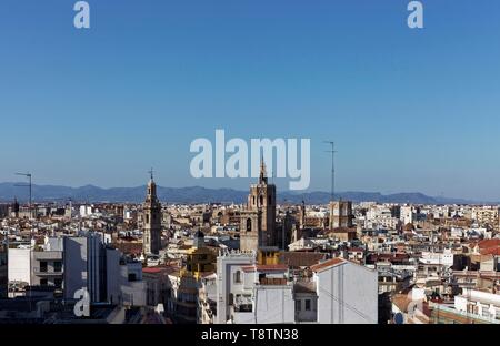 Panorama, city view, Ciutat Vella, old town, church towers Micalet and Santa Caterina, view from Mirador Ateneo Mercantil, Valencia, Spain Stock Photo