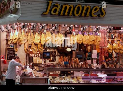 Spanish ham stall, ham legs, market hall, Mercat Central, Valencia, Spain Stock Photo
