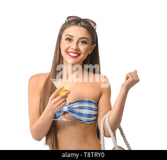 Beautiful woman in swimming suit and with tasty summer cocktail on white background Stock Photo