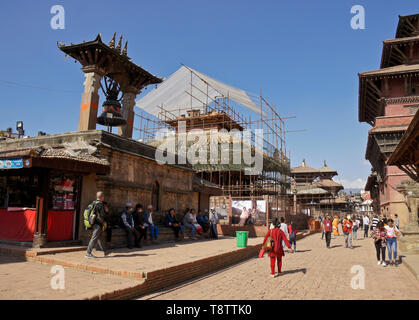 The Taleju Bell and restoration of Hari Shankar Mandir and Bishwanath Mandir, both badly damaged in the 2015 earthquake, Durbar Square, Patan, Kathman Stock Photo