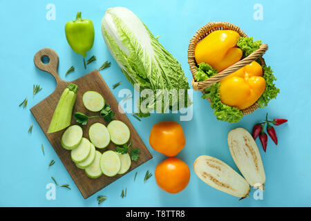 Flat lay composition with various vegetables on color background Stock Photo