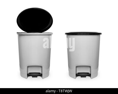 Trash Can with Plastic Black Isolated on white Background with Clipping Path. Beautiful Grey Empty Refuse Bin (Garbage Can) for Clean. Two Plastic. Stock Photo