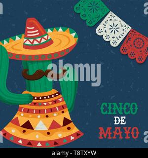 Cinco de Mayo greeting card for Mexico independence celebration. Funny mexican cartoon cactus with mariachi hat and mustache. Stock Vector