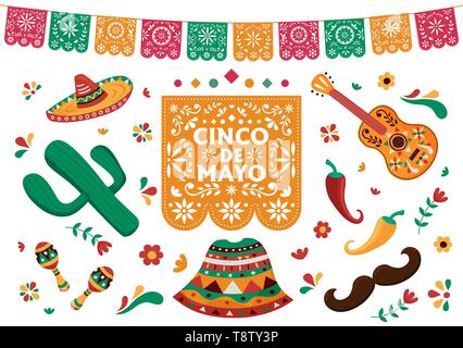 Cinco de Mayo set for Mexican independence celebration. Traditional mexico culture decoration collection. Includes guitar, maracas, mariachi hat, cact Stock Vector