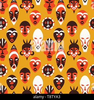 African mask seamless pattern illustration. Traditional africa tribal decoration cartoon background. Stock Vector