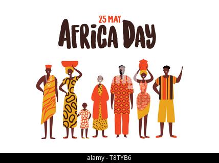 Africa Day greeting card illustration with african people. Diverse men and women group in traditional ethnic clothes for liberation holiday. Stock Vector