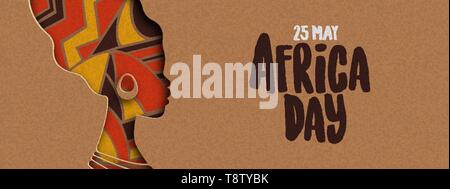 25 May Africa Day banner illustration with traditional african woman head silhouette in paper cut style. Stock Vector