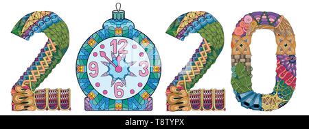 Number 2020 with a Christmas ball Zentangle. Vector decorative object Stock Vector