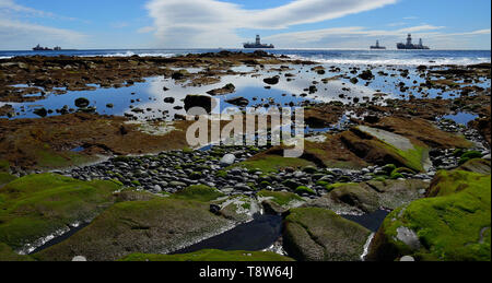 Coast of colors at low tide and ships in the background, bay of Las Palmas, Canary Islands Stock Photo