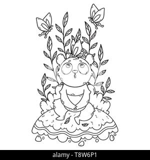 Cute little panda bear sitting in a meadow and butterflies are flying around. Cute vector illustration for coloring book. Stock Vector