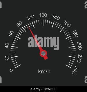 Realistic illustration of speedometer with red hand and white numbers with kilometers per hour. Isolated on black background - vector Stock Vector