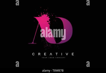 Purple Pink AD A D Letter Logo Design with Ink Watercolor Splash Spill Vector Illustration. Stock Vector