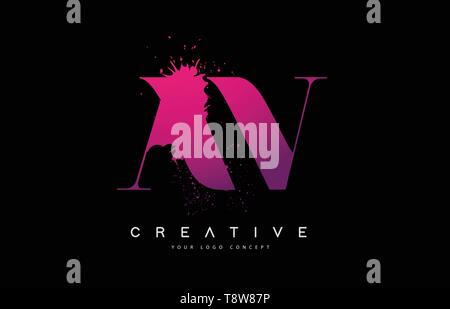 Purple Pink AV A V Letter Logo Design with Black Ink Watercolor Splash Spill Vector Illustration. Stock Vector