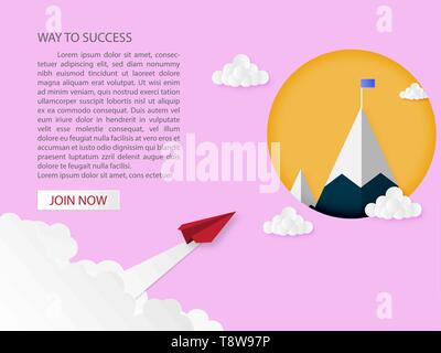 Leadership and business success idea concept. Red paper airplanes flying on pink background to blue flag on mountain. Paper cut style. Design for webs Stock Vector