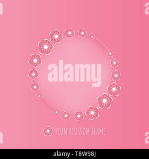 Creative illustration invitation card. Plum or cherry blossom with circle fame pink pastel color for postcard, gift, wedding, backdrop, wallpaper, ban Stock Vector