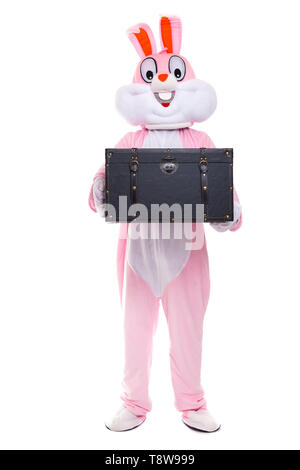 Easter bunny holds gifts box or chest. Life size rabbit celebrates easter Stock Photo