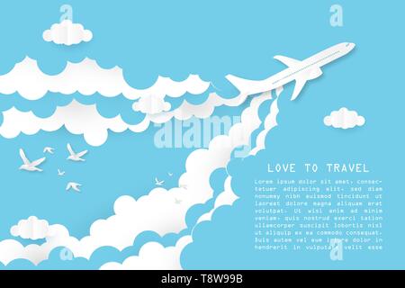 Creative illustration love to travel concept. Airplane flying on blue and white clouds with bird and space. Paper art paper cut style. Website templat Stock Vector