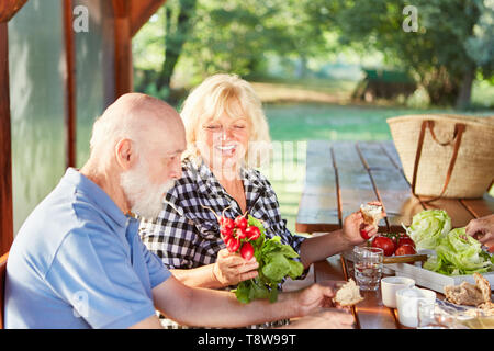 Senior couple having healthy breakfast with lots of fresh vegetables in summer Stock Photo