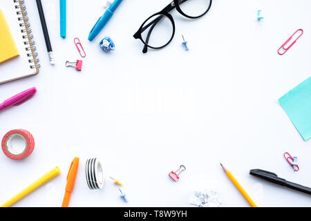 Inspiration ideas concepts with top view of blue desk table and accessories.creativity of work background.flat lay design Stock Photo