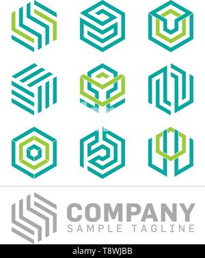 Set of nine abstract hexagon shaped vector symbols Stock Vector