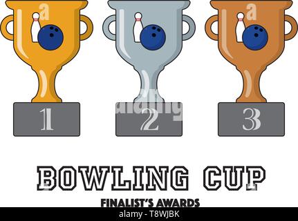 Bowling Cup Finalists Awards in Gold, Silver and Bronze Vector Symbols Stock Vector