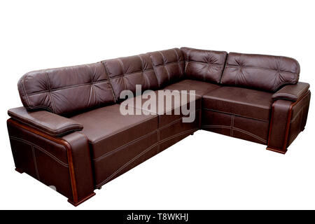 modern large cozy fabric sofa-corner of chocolate color with white seams on a white background homeliness and comfort Stock Photo