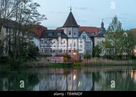 Bad Salzungen, Germany - May 10, 2019: View of an old house at the Burgsee lake in Bad Salzungen, a spa town in East Germany. Stock Photo