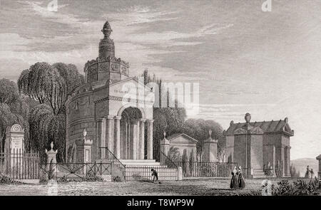 Père Lachaise Cemetery, Paris, antique steel engraved print, 1831 Stock Photo