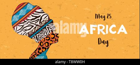 Africa Day banner illustration for 25 may celebration. African woman head with ethnic animal print textures. Stock Vector