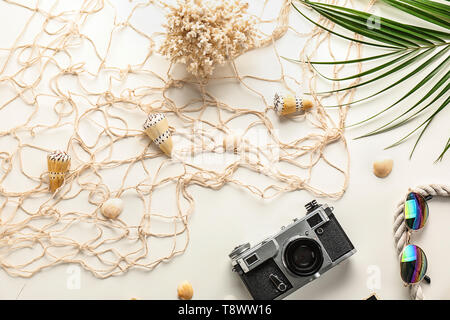 Composition with travel accessories on white background Stock Photo