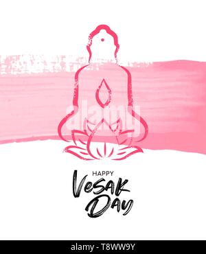 Happy Vesak Day illustration for traditional buddha birth celebration. Pink hand drawn statue with lotus flower on watercolor brush background. Stock Vector