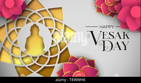 Happy Vesak Day illustration for hindu holiday celebration. Gold paper cut buddha mandala with pink lotus flowers. Stock Vector