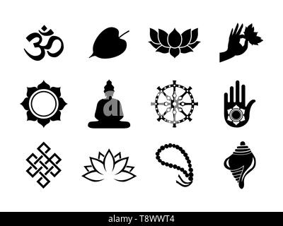 Vesak Day celebration icon set. Black color symbol collection on isolated background. Includes buddha statue, bodhi tree leaf, lotus and more. Stock Vector