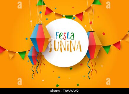 Festa Junina holiday illustration. Colorful paper balloon and flags for traditional brazil celebration in june. Stock Vector