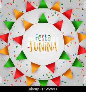 Festa Junina holiday illustration. Colorful flags and paper confetti for traditional brazil celebration in june. Stock Vector