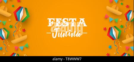 Happy Festa Junina holiday illustration. Colorful brazil festival decoration in paper craft style. Includes carnival balloon, hat and flags. Stock Vector