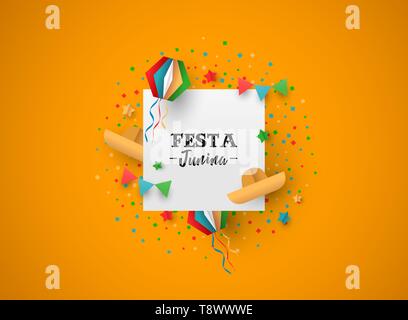 Happy Festa Junina holiday illustration. Colorful brazil carnival decoration in paper craft style with festive text sign. Stock Vector