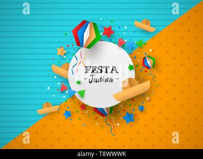 Festa Junina holiday illustration. Colorful paper craft decoration and festive text sign for traditional brazil celebration in june. Stock Vector