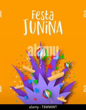 Happy Festa Junina holiday illustration. Colorful brazil carnival decoration in paper craft style with firework explosion. Stock Vector