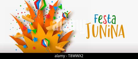 Happy Festa Junina web banner illustration. Colorful brazil carnival decoration in paper craft style with bonfire. Stock Vector