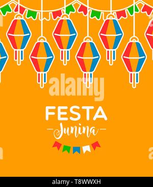 Happy Festa Junina greeting card illustration. Brazil party decoration of colorful paper balloons in flat cartoon style. Stock Vector