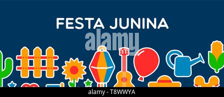 Happy Festa Junina web banner illustration. Traditional brazil party decoration in colorful flat cartoon style. Stock Vector