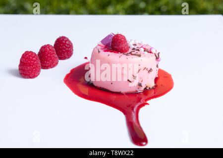 Berry tart on red syrup, selective focus Stock Photo