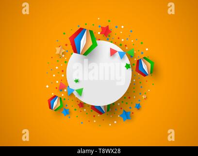 Birthday celebration greeting card or invitation. 3D papercut party decoration and paper sign template with copy space. Stock Vector