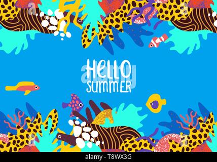 Hello Summer illustration of colorful underwater coral reef with tropical plants and fish in hand drawn cartoon style. Stock Vector