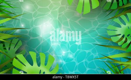 Summer season background illustration. Tropical plant leaves and pool or beach water backdrop with copy space. Stock Vector