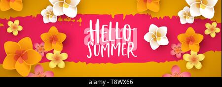 Hello Summer social media web banner illustration. Colorful 3d tropical flowers on abstract background. Stock Vector