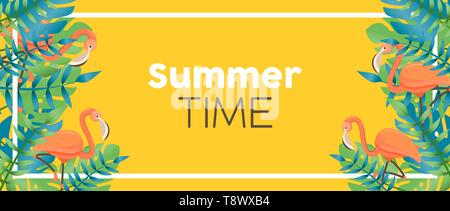 Summer season web banner illustration of tropical jungle plant leaves and flamingo birds. Stock Vector